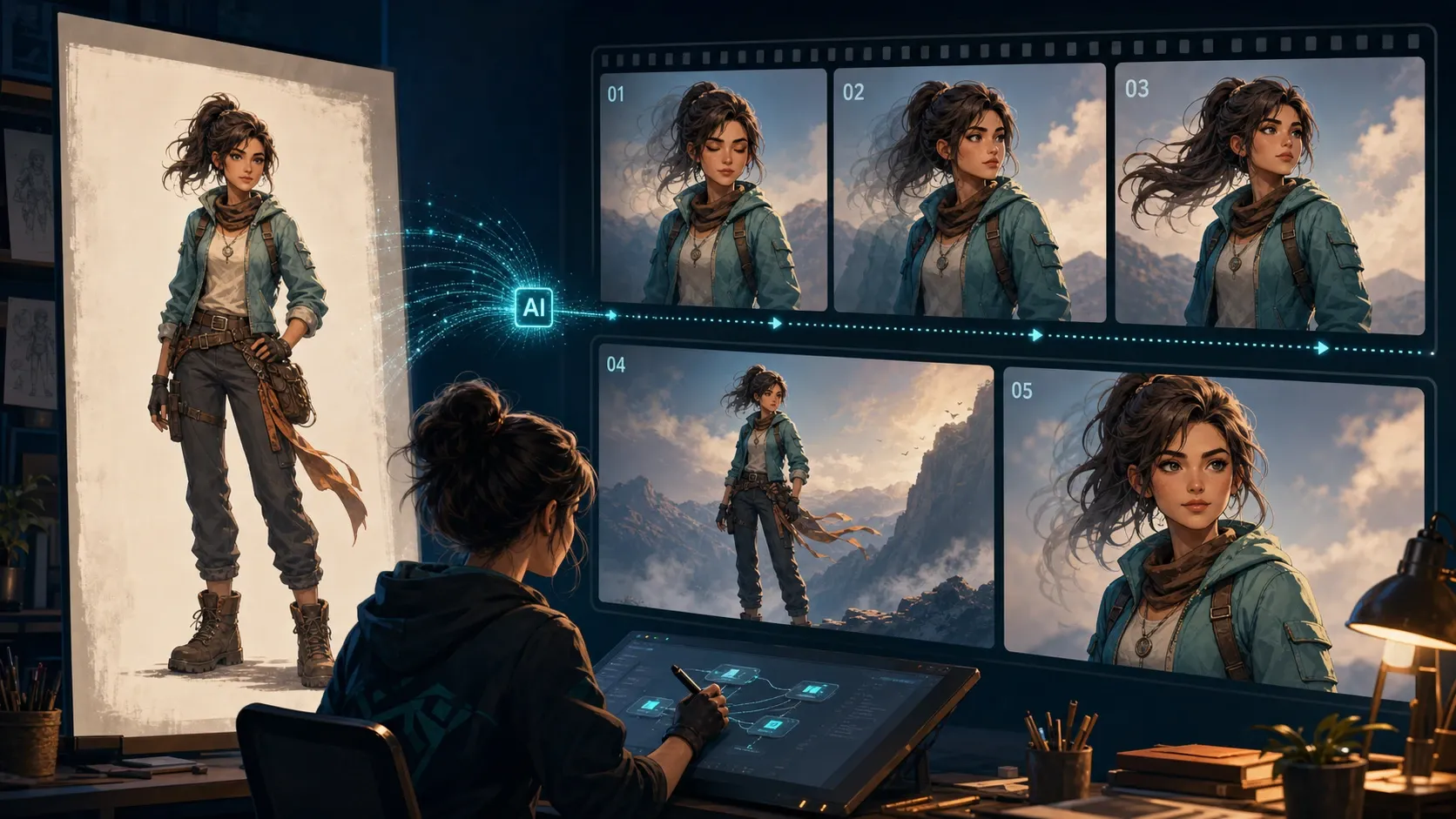 The same illustrated character kept consistent across multiple AI video shots