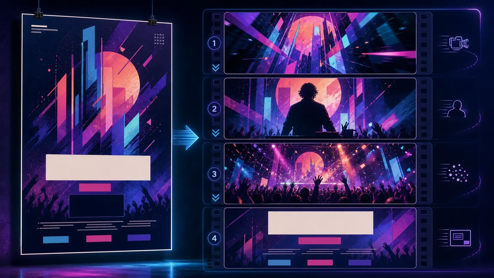 A static event poster transformed into a sequence of AI promotional video shots