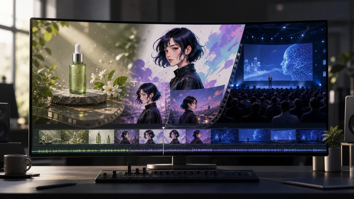 Static product, illustrated character, and technology event visuals combined in an AI video editing workflow.